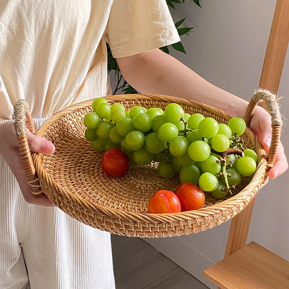 

Rattan Basket Handles Baskets Storage Wicker Round Tray Coffee Table Woven Bathroom Countertop Tabletop Decor