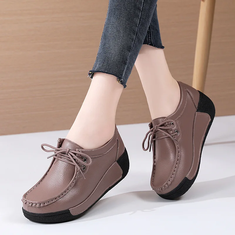 

Cowhide Shoes Women Fashion Round Toe Wedge Platform Sneakers Outdoor Casual Lace Up Female Flats Women Loafers Zapatos Mujer