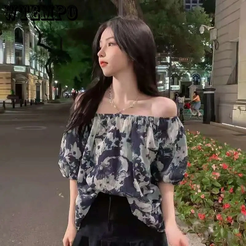 Tie-dye Shirt Women's Short-sleeved T-shirt Summer French Retro One-shoulder Shirt Tide Puff Sleeve Off-the-shoulder Top Blouse