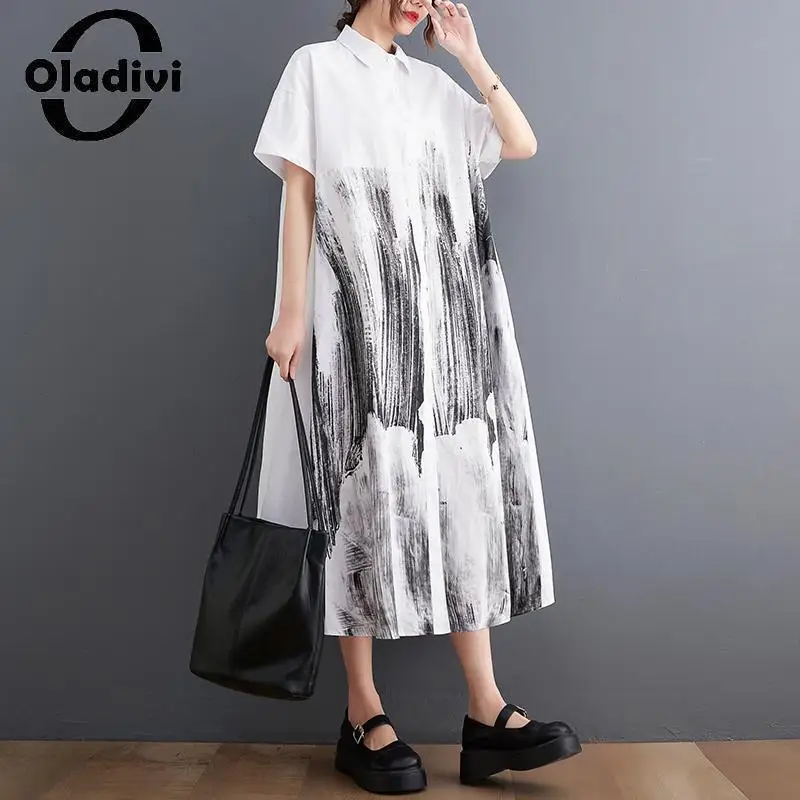 

Oladivi Large Size Women Fashion Printed Casual Loose Shirt Dress 2023 Summer Oversized Dresses Female Tunic Robe Vestidios 9536