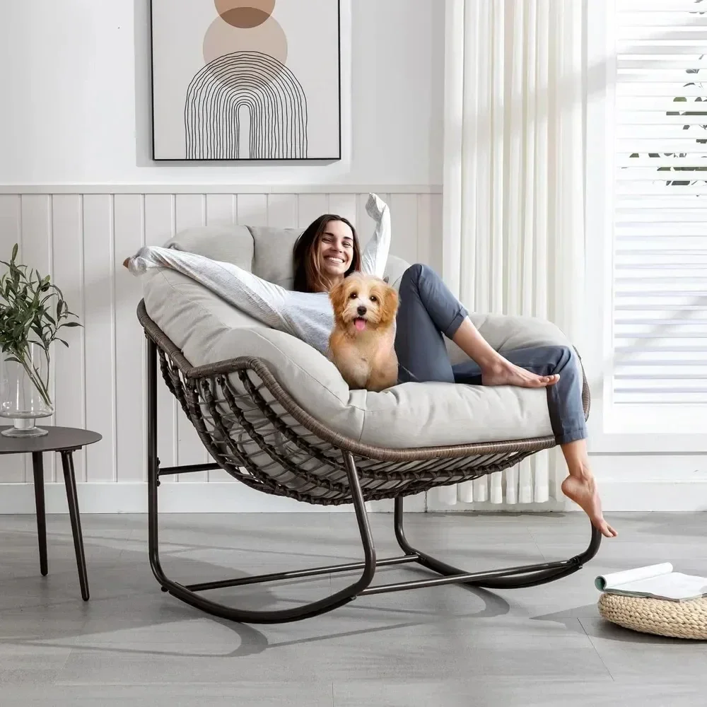 Фото Кресло-качалка WWOversized Papasan с толстой подушкой и каркасом, уличное кресло-качалка, удобные плетеные стулья-яйца для отдыха на заднем дворе, балко №2