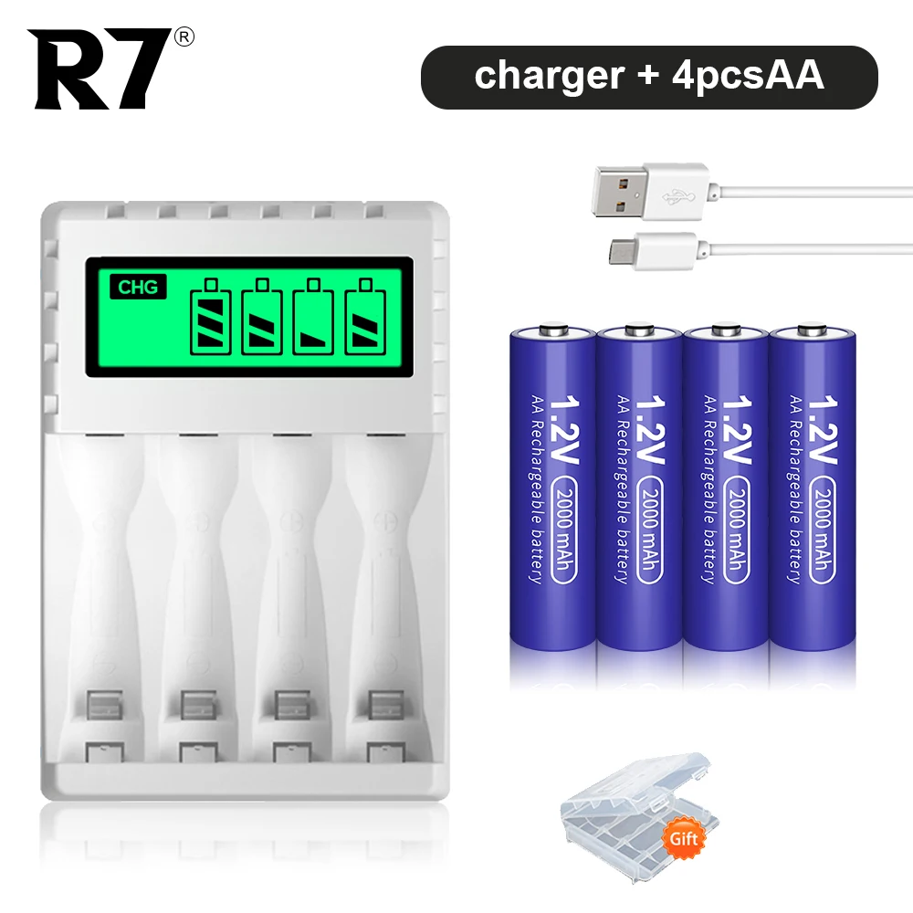 

R7 4PCS 1.2V AA NI-MH rechargeable battery AA 2000MAH aa batteries nimh AA + LCD Fast AAA/AA Battery Charger