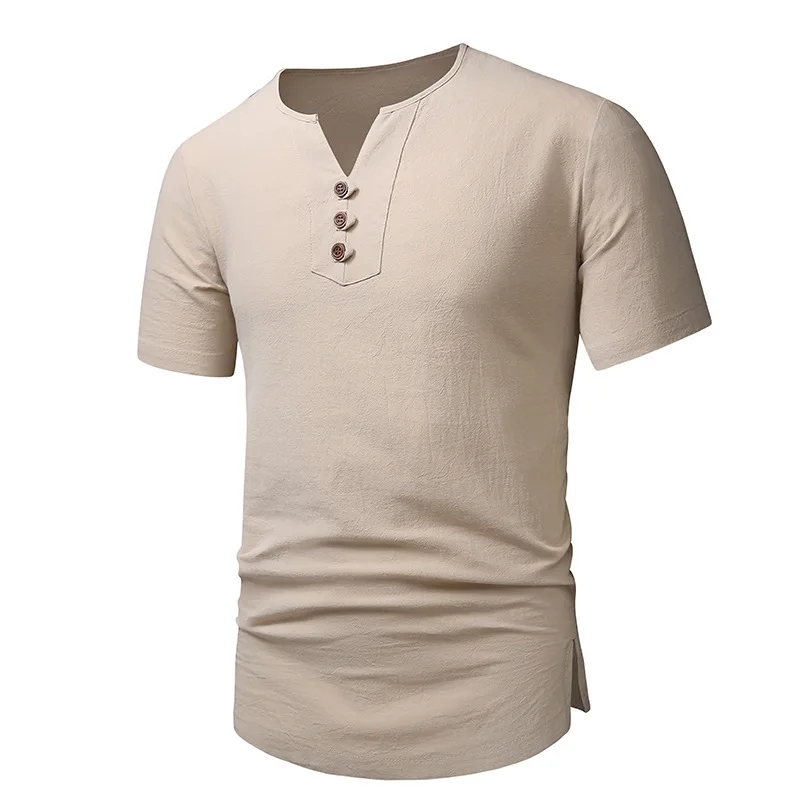 

Euro Size Man cotton linen V-neck beach Tops & Tees 2023 summer new men's fashion casual White Khaki T-Shirts Undershirt