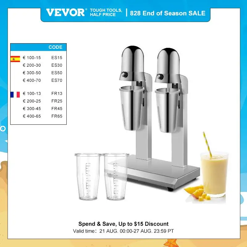 VEVOR 800ML Electric Milkshake Maker Commercial Automatic Blender Foam Machine Stainless Steel Double Head Tea Malt Drink Mixer