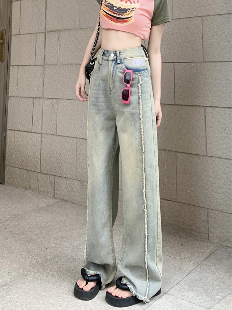 

Джинсы-мешковатые женские с вышивкой, свободные прямые джинсовые брюки с завышенной талией в стиле ретро, повседневные Широкие штаны, Y2k, на лето