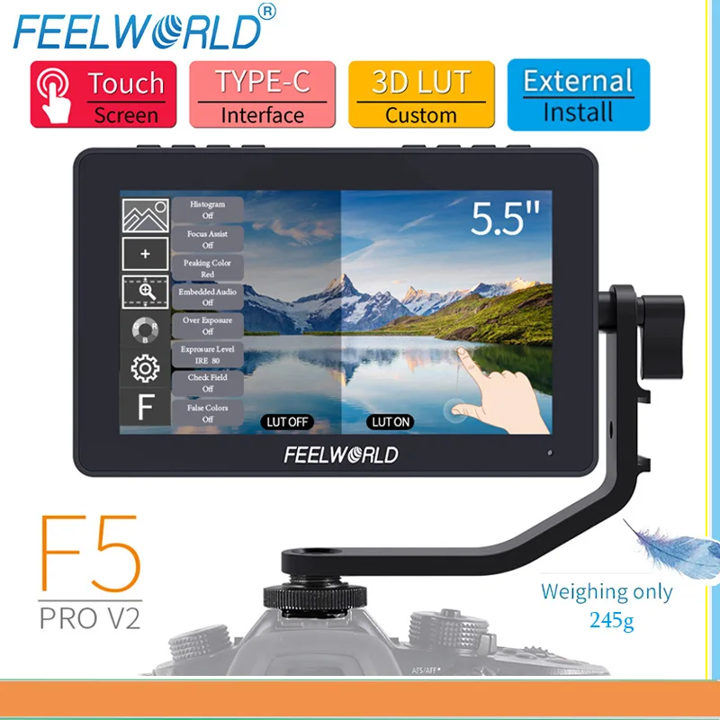 

FEELWORLD F5 Pro V2 5.5 Inch on DSLR Camera Field Monitor Touch Screen 3D LUT FHD1920 1080 4K HDMI Video Focus Assist for Gimbal