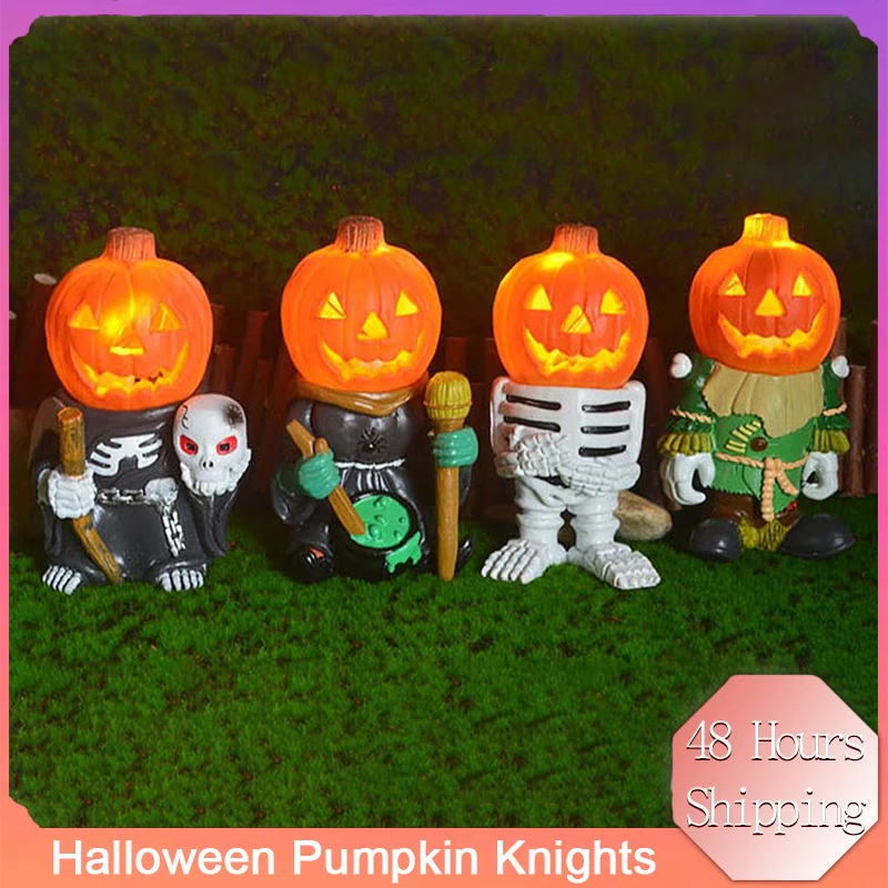 

Halloween Luminous Pumpkin Knight Ghost Statue Light Pumpkin Knight Resin Sculpture Figure Halloween Garden Home Decor Gifts