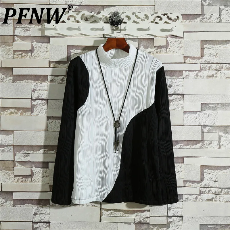 

PFNW 2023 Autumn New Men‘s High Street Round Neck T-shirt Black And White Stitching Color Contrast Long Sleeve Tide Tops 12A6340