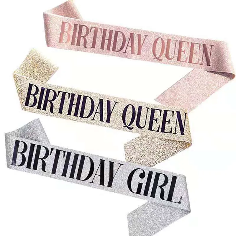 

Birthday Queen Pink Party Shoulder Strap Girdle Supplies Birthday Girl Silver Glitter Satin Sash Women Princess Scarf Decoration