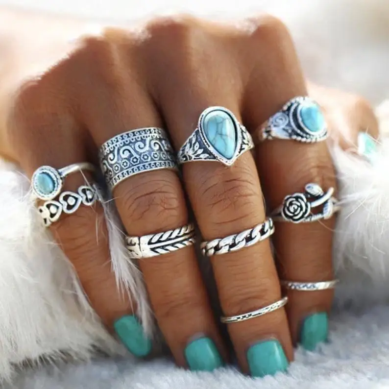 

Vintage Totem Flower Turquoise 10-Piece Knuckle Combination Rings Gift Jewelry Wholesale