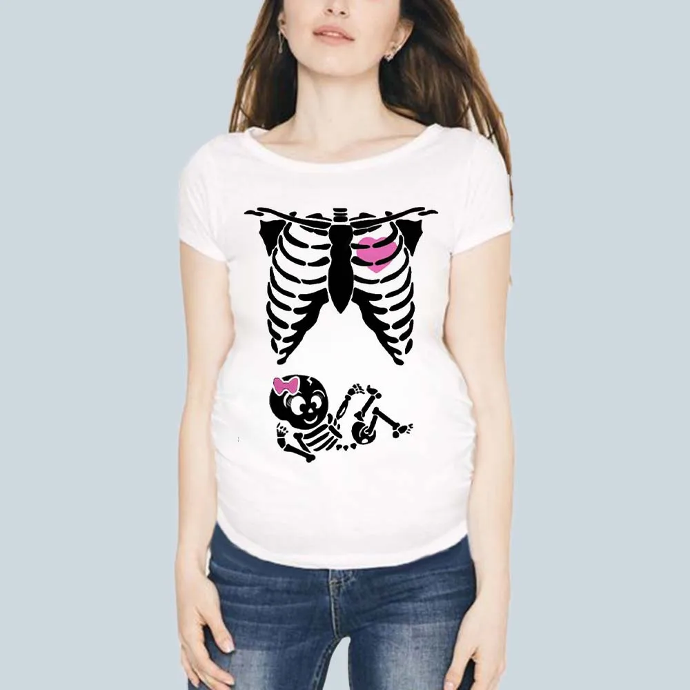 Nette Skeleton T-Shirt Schwangerschaft Kleidung Sommer Gedruckt Kurzarm Mutterschaft Kleidung Schwangere Bump T-shirt Mädchen & Jungen Top