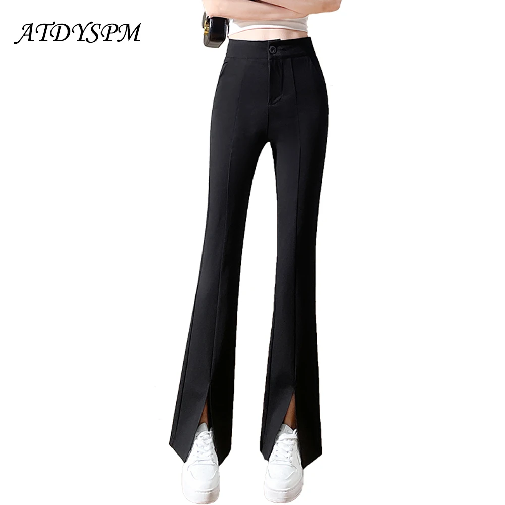 

Брюки-клеш Женские Стрейчевые с завышенной талией, модные офисные повседневные длинные брюки в Корейском стиле, черные Костюмные