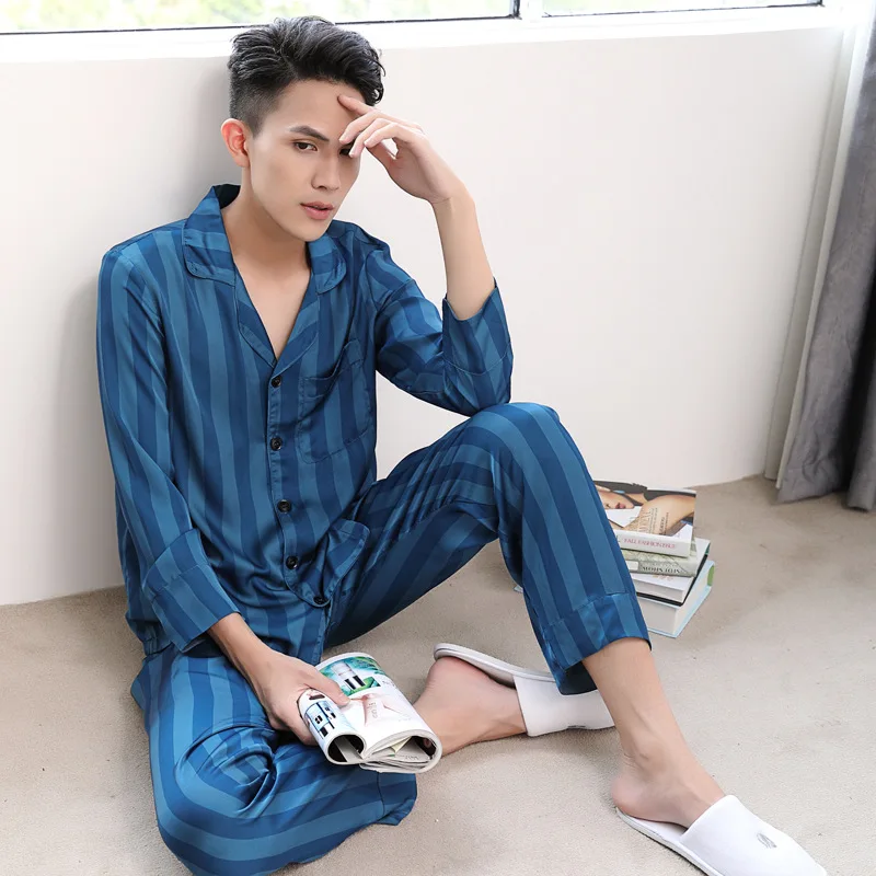 Striped Silk Pajamas for Men Two Pieces Satin Pajama Set Silk Loungewear Mens Silk Sleepwear
