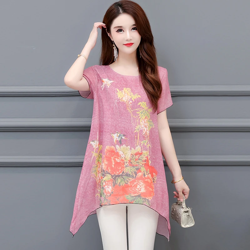 

2021 Summer New Short Sleeve Plus Size Chiffon Shirt Long Fat MM Women's Bottom Shirt Loose Shirt 86h,615-4