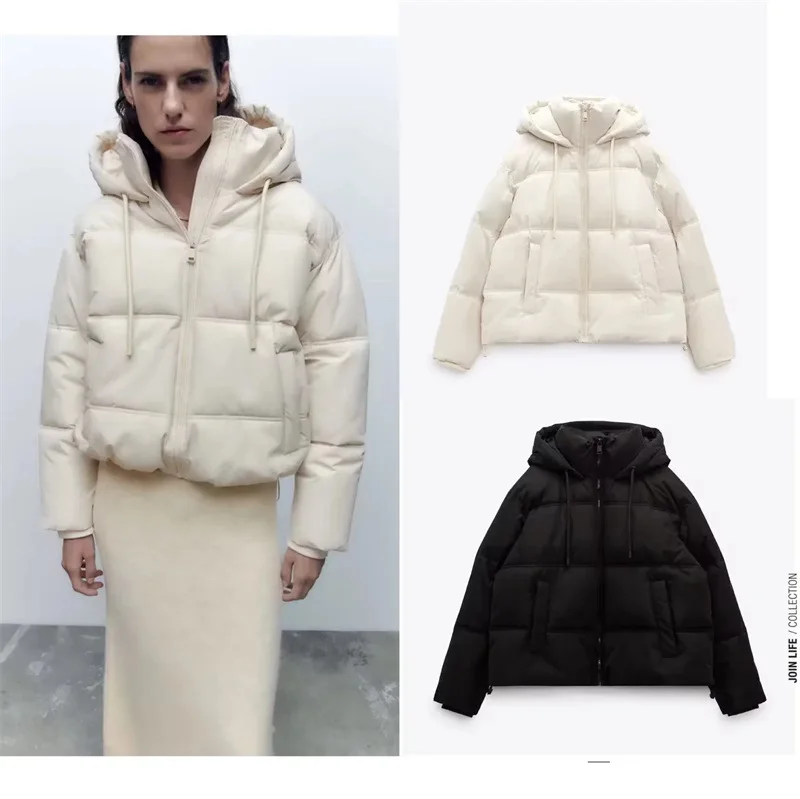 KoHuiJoo  Fashion Loose Casual Cotton Padded Jacket Women Outerwear New 2022 Hooded Drawstring Down Cotton Parkas Coat White