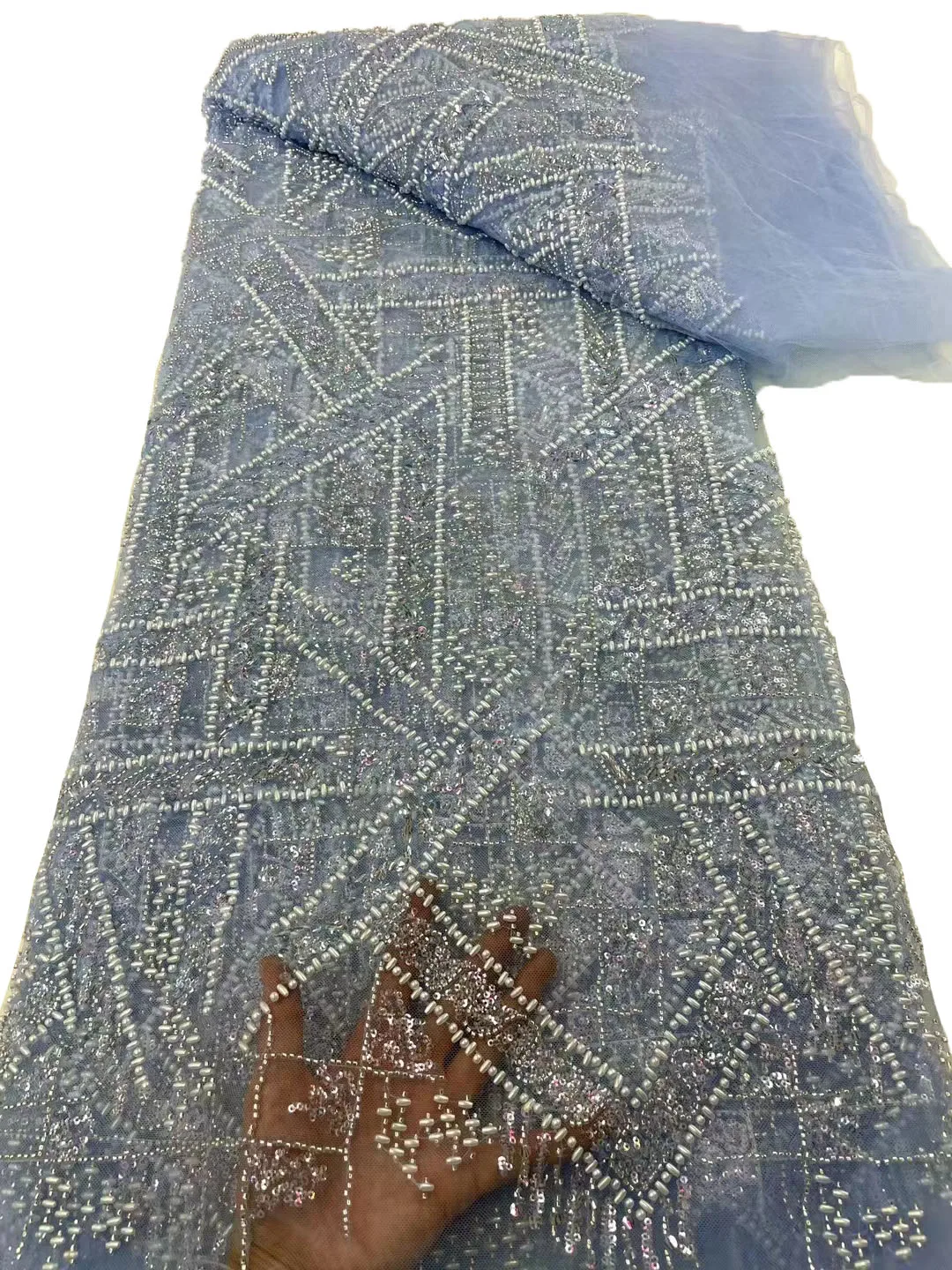 

New heavy industry irregular beaded lace embroidery, European and American fashion sequins wedding evening dress fabric/5yards