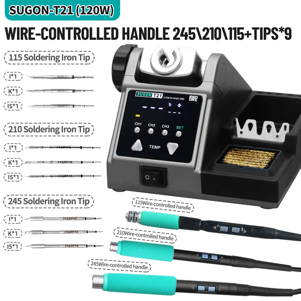

SUGON T21 Паяльная станция 120 Вт 1,6 м с проволочной ручкой, электроника, жало для паяльника 115/210/245, паяльная станция, инструменты BGA