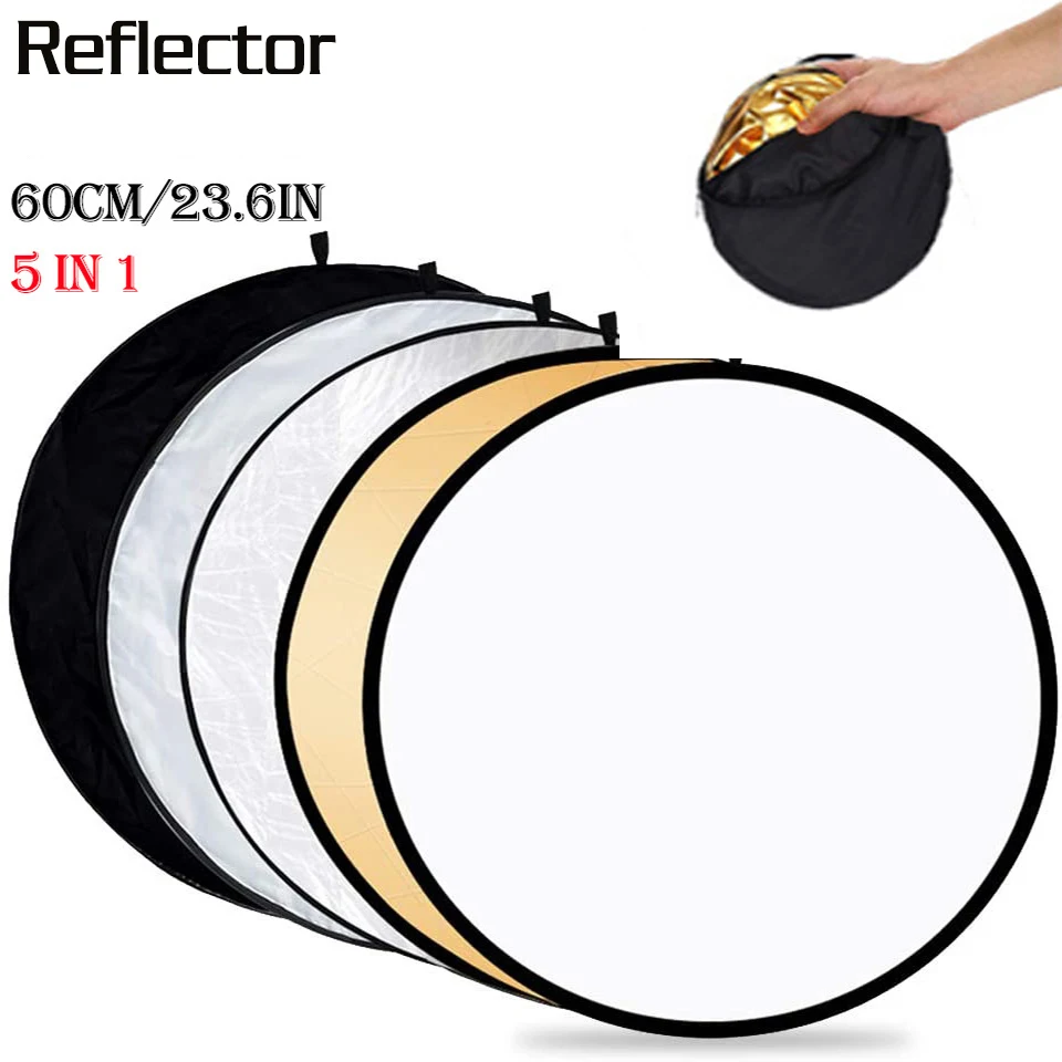 

Складной Портативный отражатель для фотосъемки, светоотражатель разных цветов, серебристо-черный, 24 дюйма, 60 см, 5 в 1