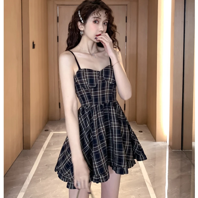 

French Retro Girl Mini Skirt Plaid Suspenders Tutu Skirt Small Short Skirt Women's Clothing Summer Sexy Off The Shoulder Y2k