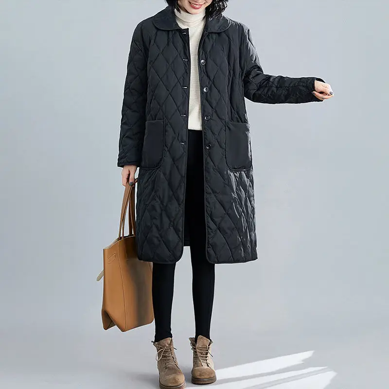Down Padded Jacket Women's Winter New Large Size Padded Jacket Fat Mm Loose and Thin Rhombus Temperament Mid-length Coat Women