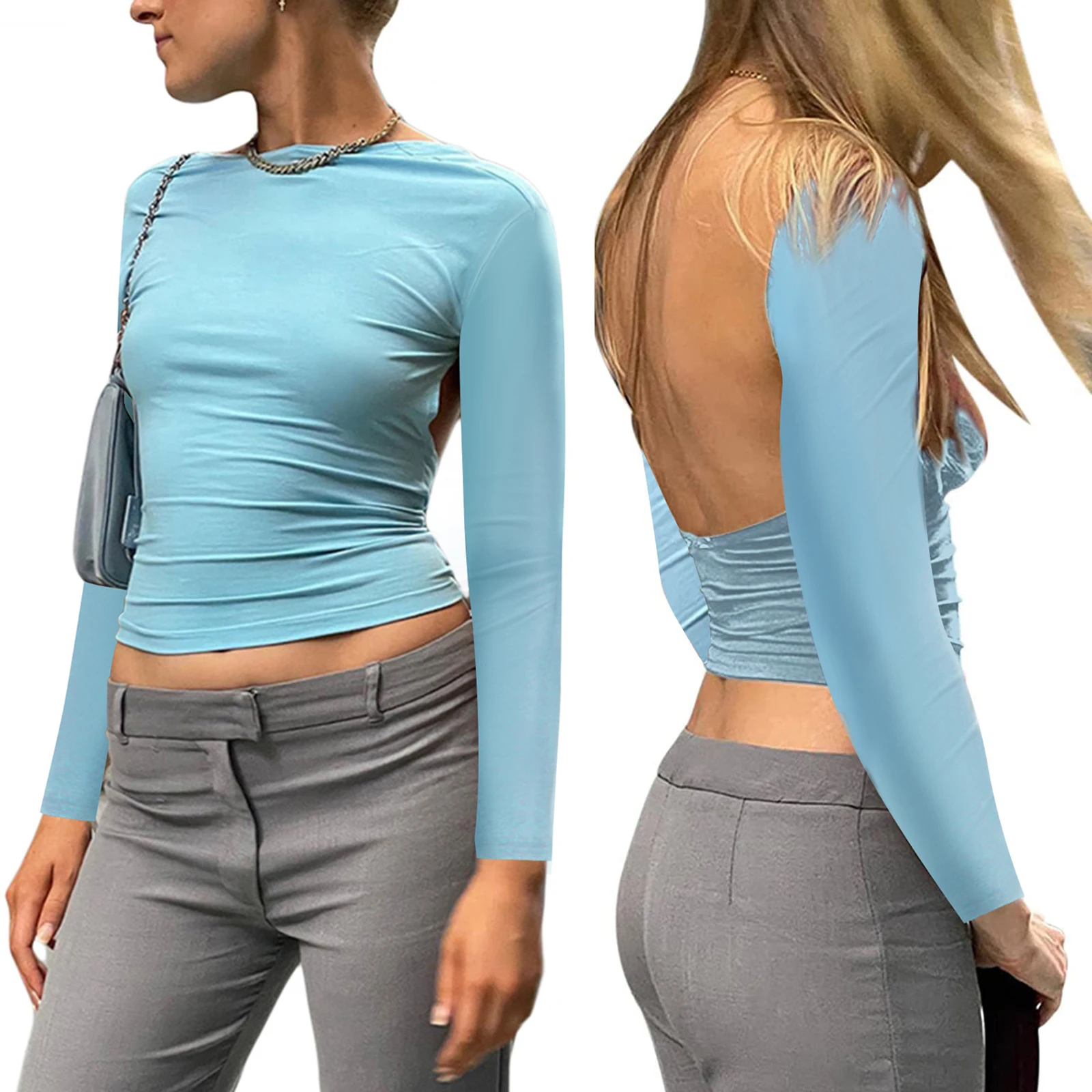 

Women Trendy T-Shirt Sexy Solid Color Long Sleeve Fitted Cutout Open Back Going Out Tops Streetwear for Females S/M/L