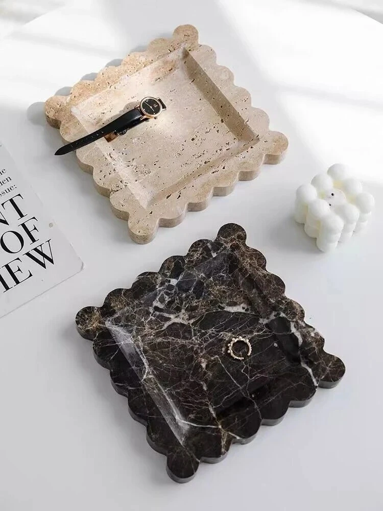 

Vintage Natural Beige Cave Hole Stone Marble Storage Tray French Luxury Jewelry Box Retro Aromatic Tray Small Ornaments