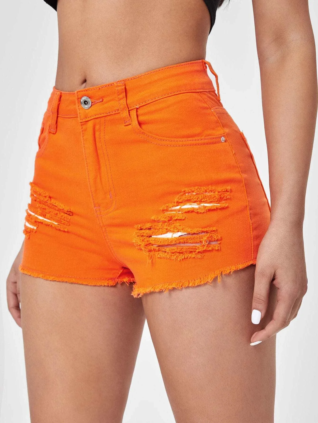 

Neon Orange Ripped Raw Hem Denim Shorts