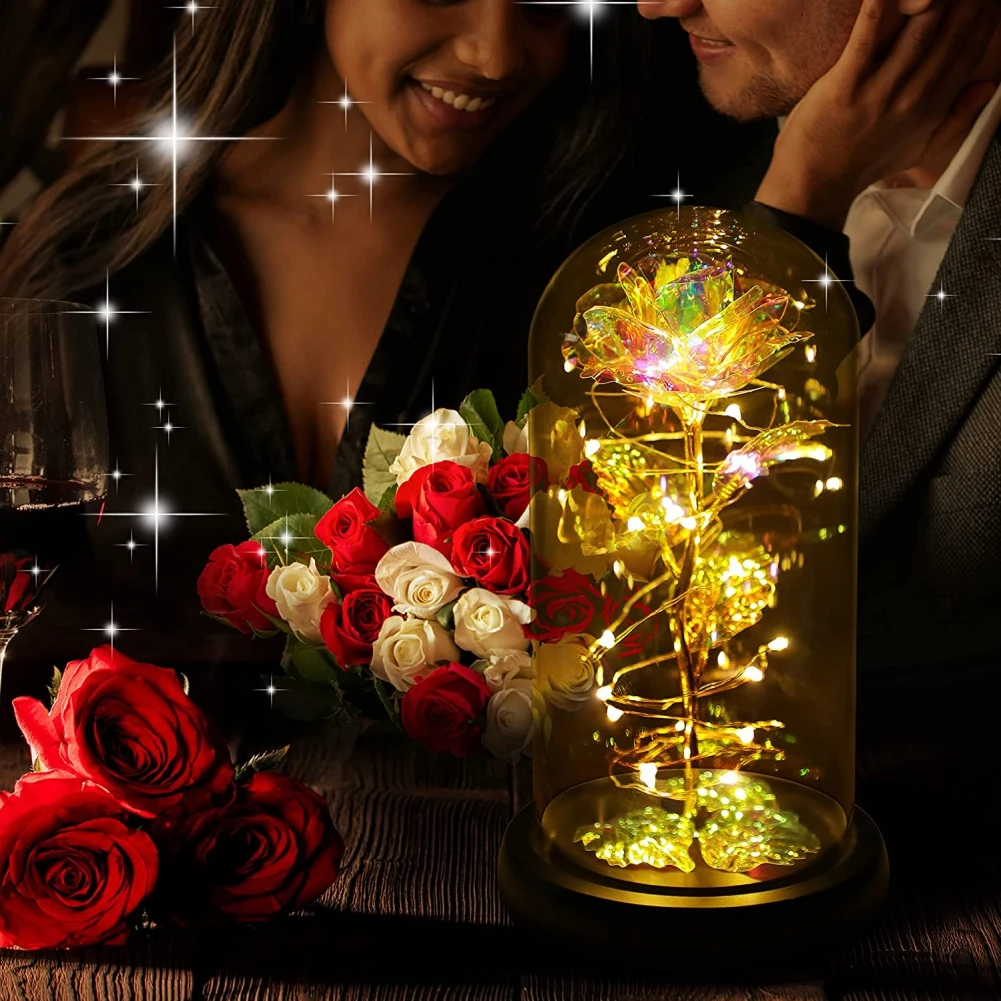 Galaxy Rose Flower in A Glass Dome with Light Valentine's Day Christmas Birthday Flowers Gifts for Her Mom Grandma Wedding Party