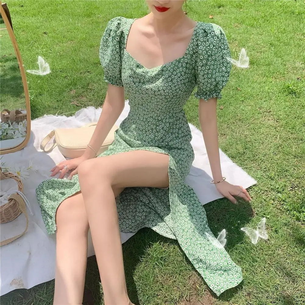 Beautiful Women Midi Dress  Bubble Sleeves Mid-calf Length Summer Dress  High Waist Summer Dress
