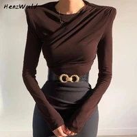 henzworld womens long sleeve t shirt ruched cropped tops for women elegant t shirts club party top shoulder pad t shirt clothes