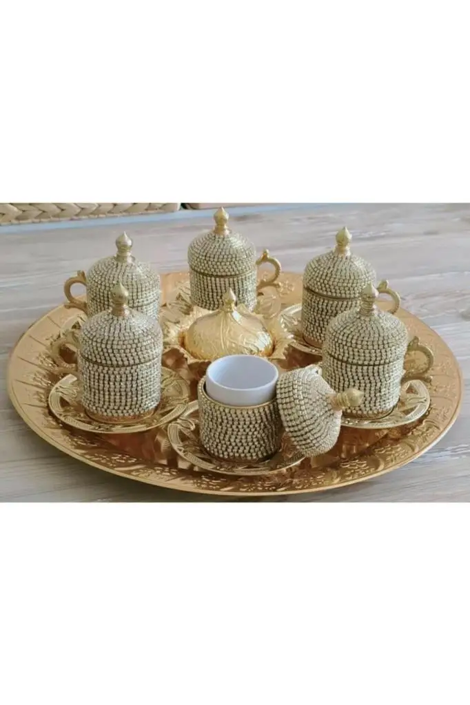 

Турецкий кофейный набор на 6 персон с мотивами, оттоманка-желтый белый камень