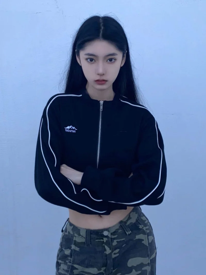 

American High Street Black Short Jackets Women Zipper Baseball Long Sleeve Coats Fashion Y2k Loose Bomber Outerwear O Neck