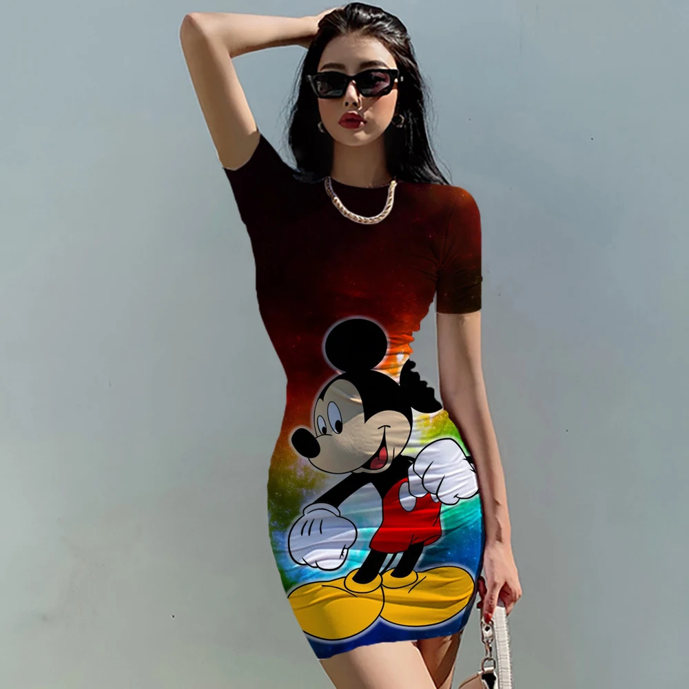 

Женское мини-платье с коротким рукавом, облегающее пляжное платье с 3d-рисунком Минни и Микки Мауса из мультфильма, обтягивающее платье для вечеринки, 2022