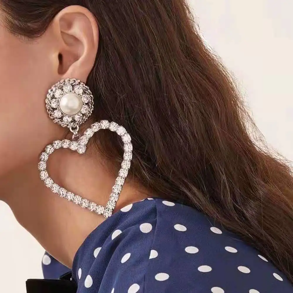 

Fashion Women Rhinestone Heart Pendant Dangle Earings Jewelry Hot Sale Brand Show Statement Earrings Accessories Hot Sale