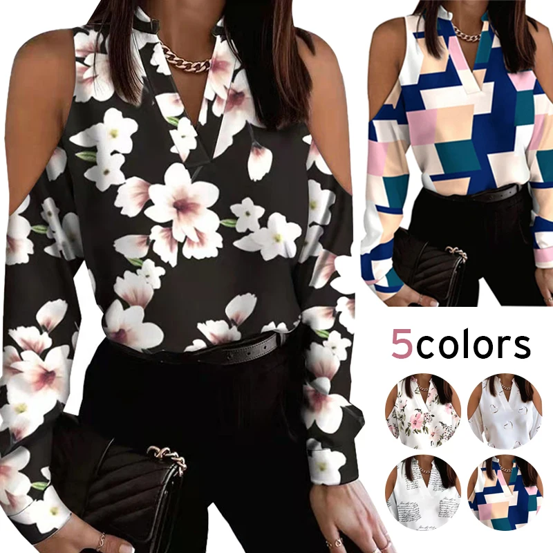 

Cold Shoulder Shirts for Women Fall Long Sleeve Trendy Floral Print Tunic Tops Casual Sexy V Neck Going Out Blouses