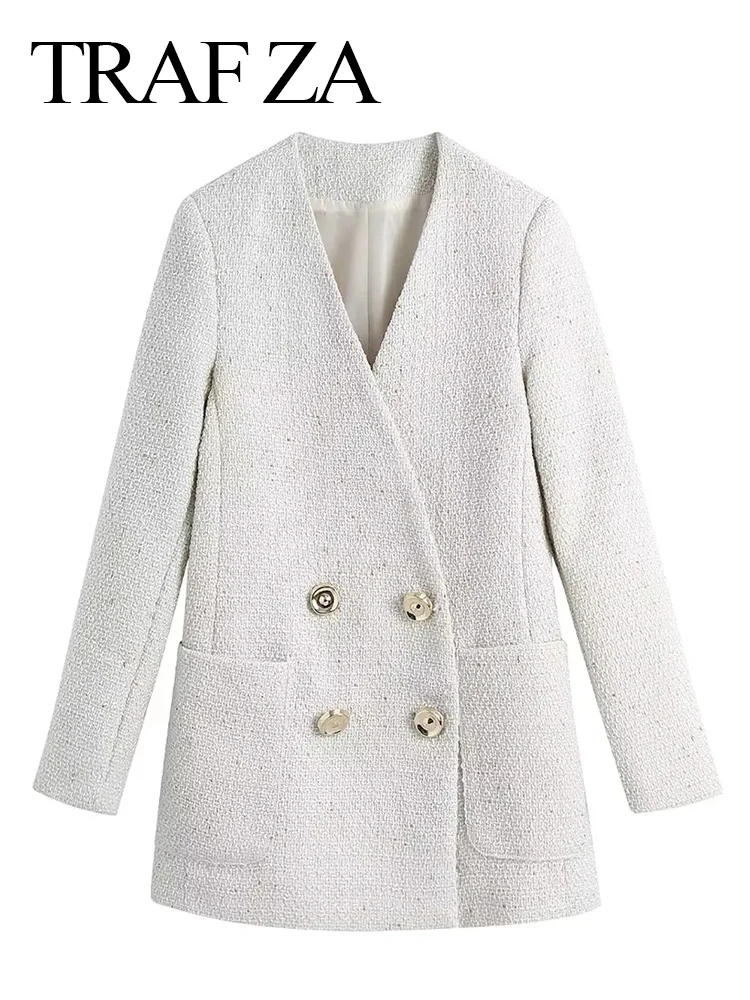 

TRAF ZA Fashion Elegant Premium Ladies Blazer Women's V-Neck Double-Breasted Big Pocket Loose Casual Long Jacket Spring Clothing