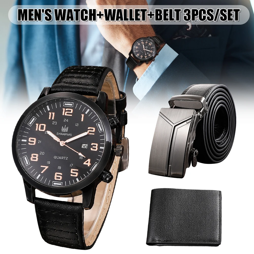 

Мужские часы + кошелек + ремень набор мужской подарок на день отца подарок на день рождения 3 шт./компл. для папы бойфренда красивый PU ремень ...