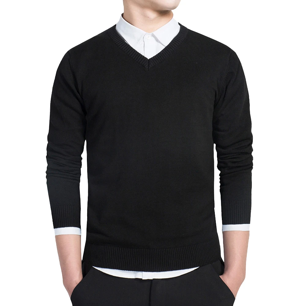 Mens Solid Color V Neck Jumper Knitted Plain Sweater Casual Formal Long Sleeves Top Business Bottoming