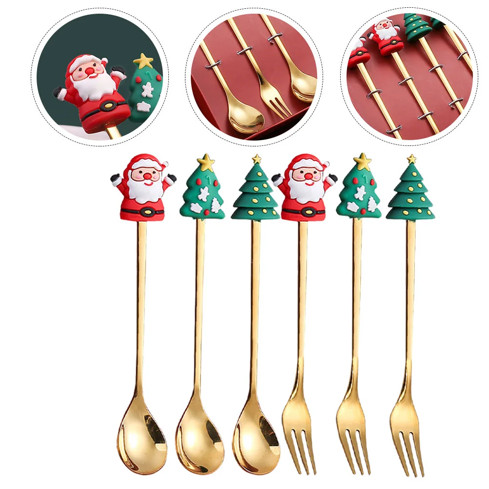 

Christmas Spoon Spoons Fork Dessert Xmas Coffee Steel Stainless Forks Set Stirring Mixing Espresso Flatware Tableware Tree Tea
