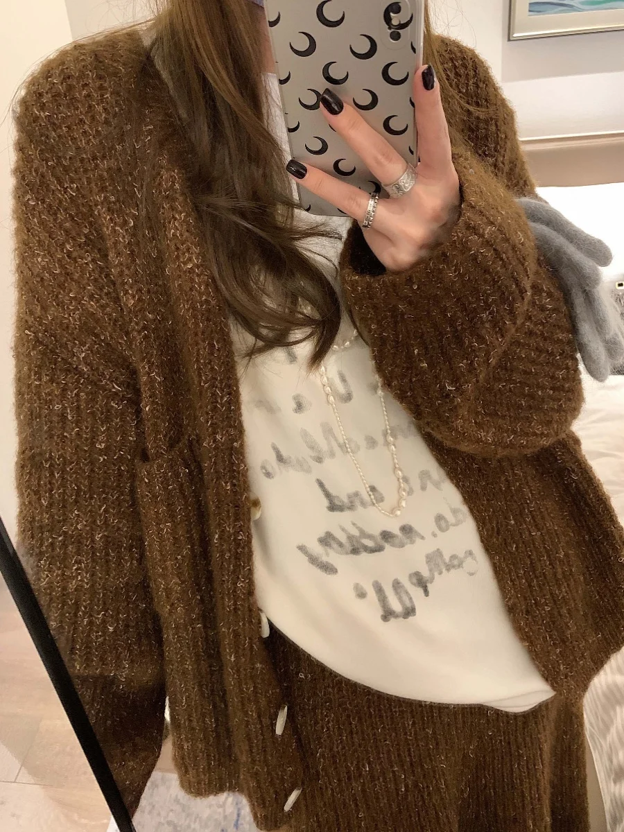 Свободный вязаный костюм женский зимний кардиган 2024 свитер эластичный шерстяной