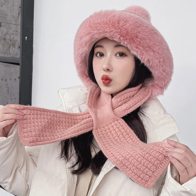 

Winter Warm Knitted Hat Fur Women Hats With Earflap Two Balls Lady Outdoor Thicken Plush Fluffy Cap Russian Hats For Women