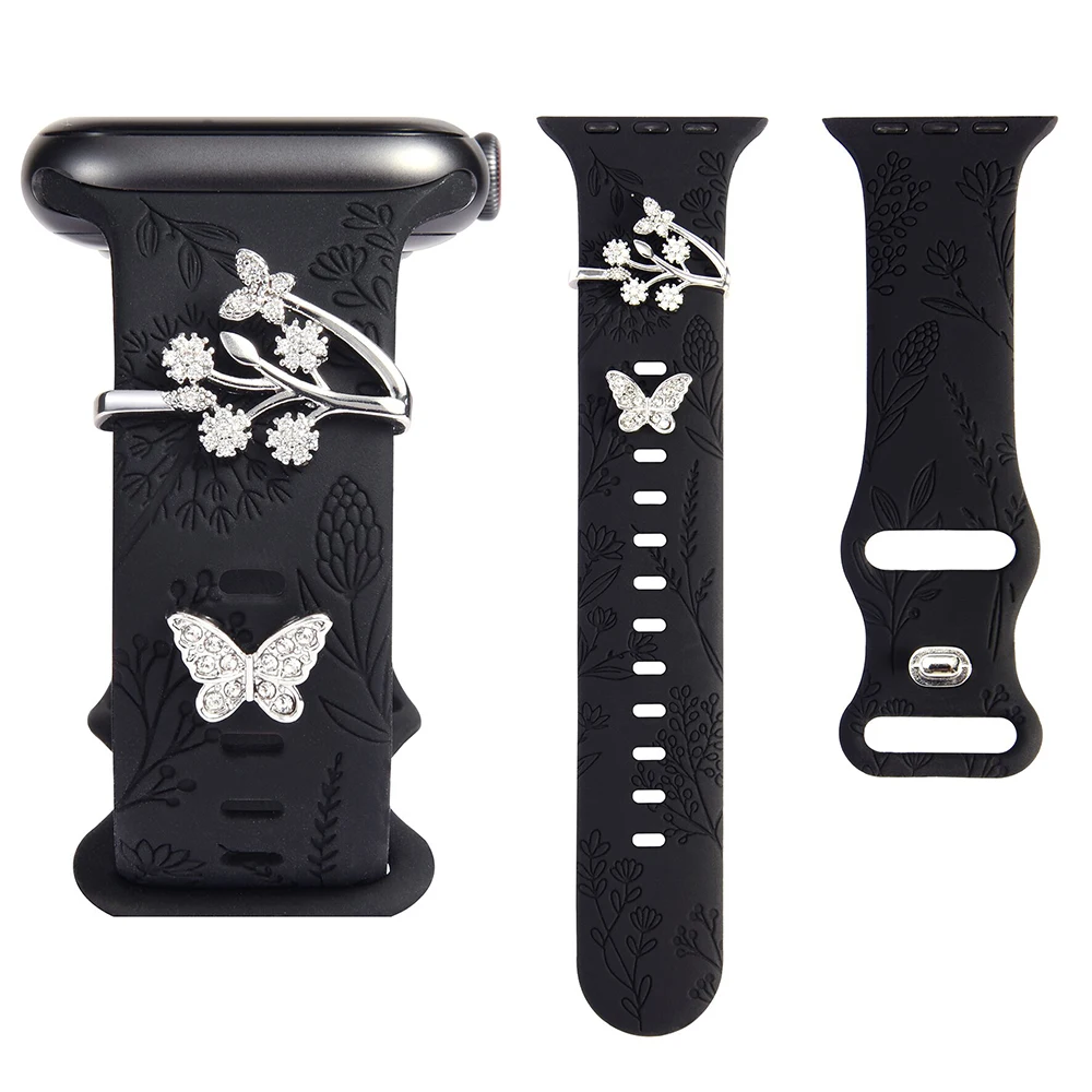 Carved Pattern Slicone band for Apple Watch 40mm 41mm 44mm 45mm 49mm Sport bracelet Strap with decoration charms for iwatch 8 7