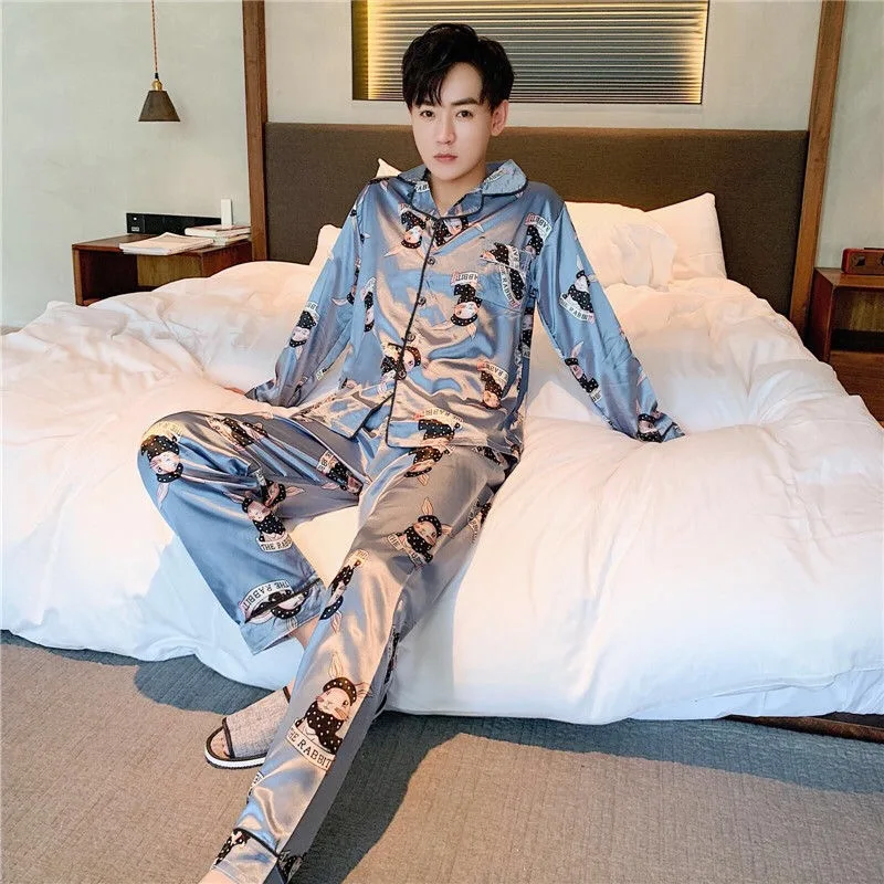 Mens Silk Satin Pyjamas Set Long Sleeve Sleepwear Pajama Autumn Spring Homewear Plus Size L-5XL pajamas for men  pajama set
