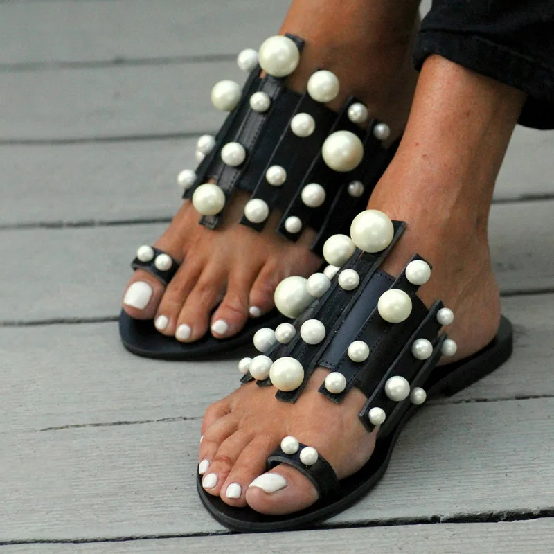 

2022 Summer Women Wedge Slippers Fashion Weave Pearl Cilp Toe Slipper Thick Bottom Slides Female Platform Flat Shoes Plus Size