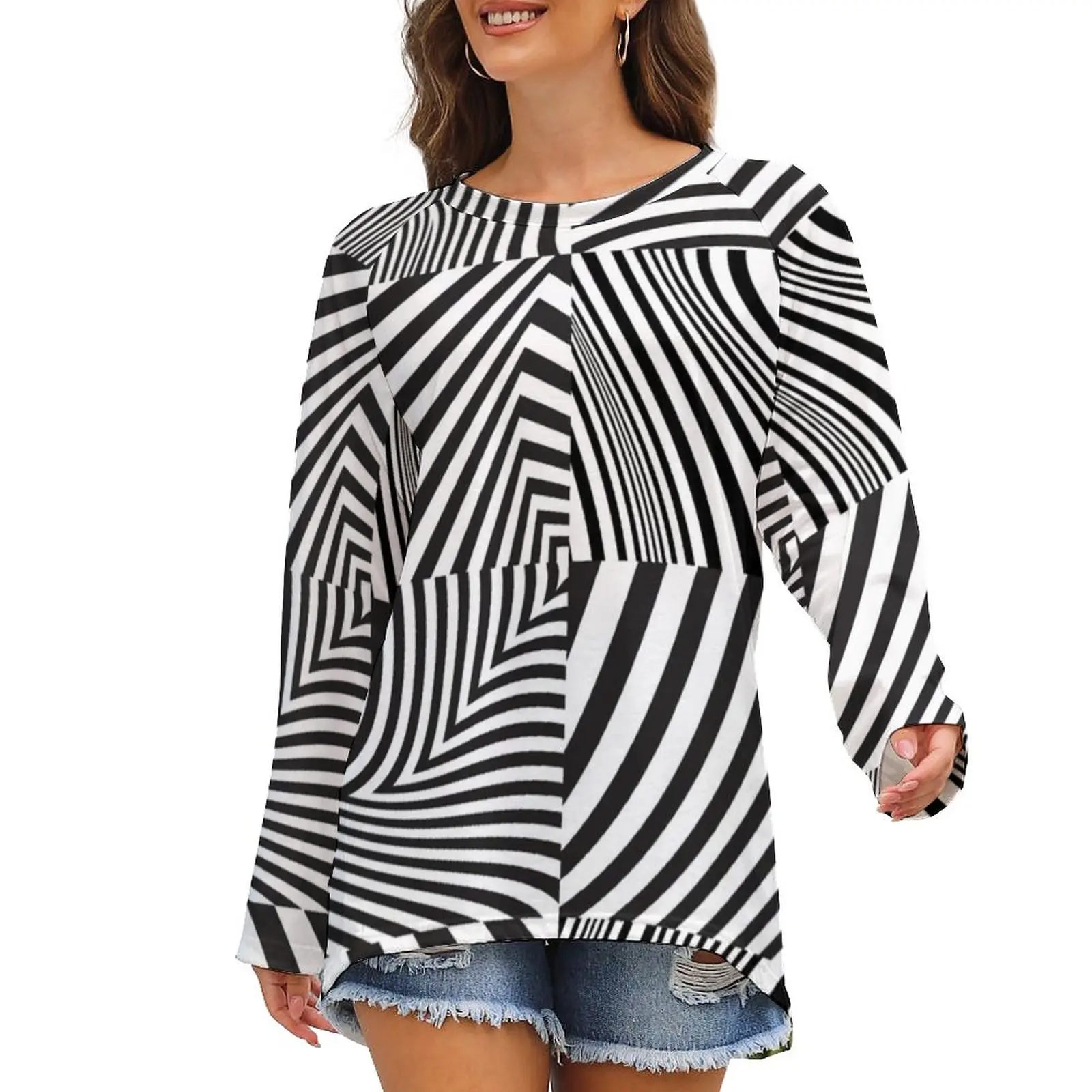 

Retro Mod Squared T-Shirts Abstract Stripes Street Wear Long Sleeve T-Shirt Pretty Print Tees Women Clothes 3XL 4XL 5XL