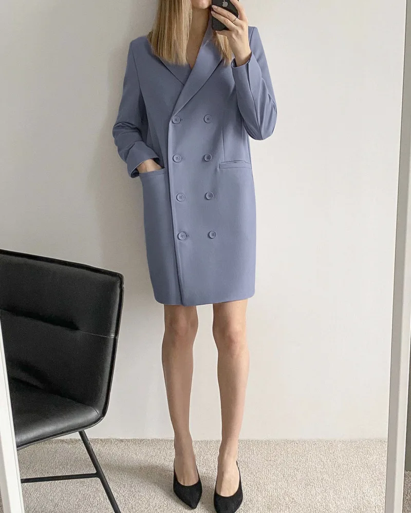 Women Office Blazer Dress Double Breasted Elegant Fashion Blue Casual Suit 2021 New Long Sleeve Solid Colors Work Blazer Dresses