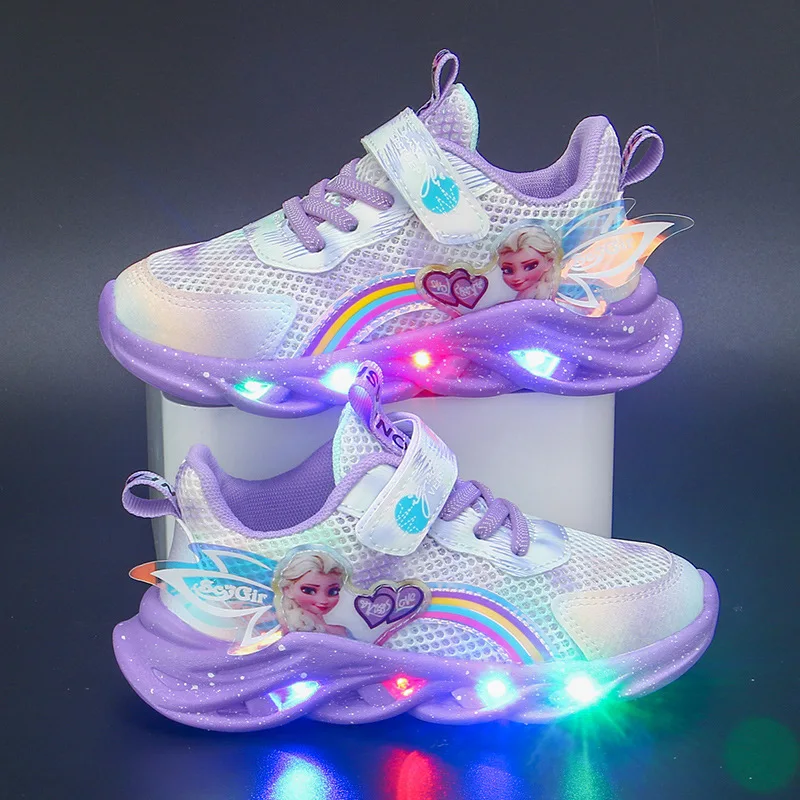 Disney Cartoon Frozen 2 Girls Casual Shoes LED Light Up Sneakers Elsa Princess Shoes Baby Toddler Shoes Girl Birthday Present
