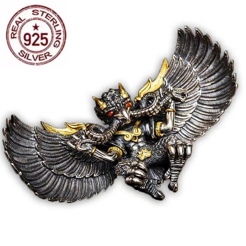 

Grand Exhibition Golden Winged Roc Bird Pendant S925 Sterling Silver Dominant Necklace Handmade Male Inlaid Pendant Jewelry Gift