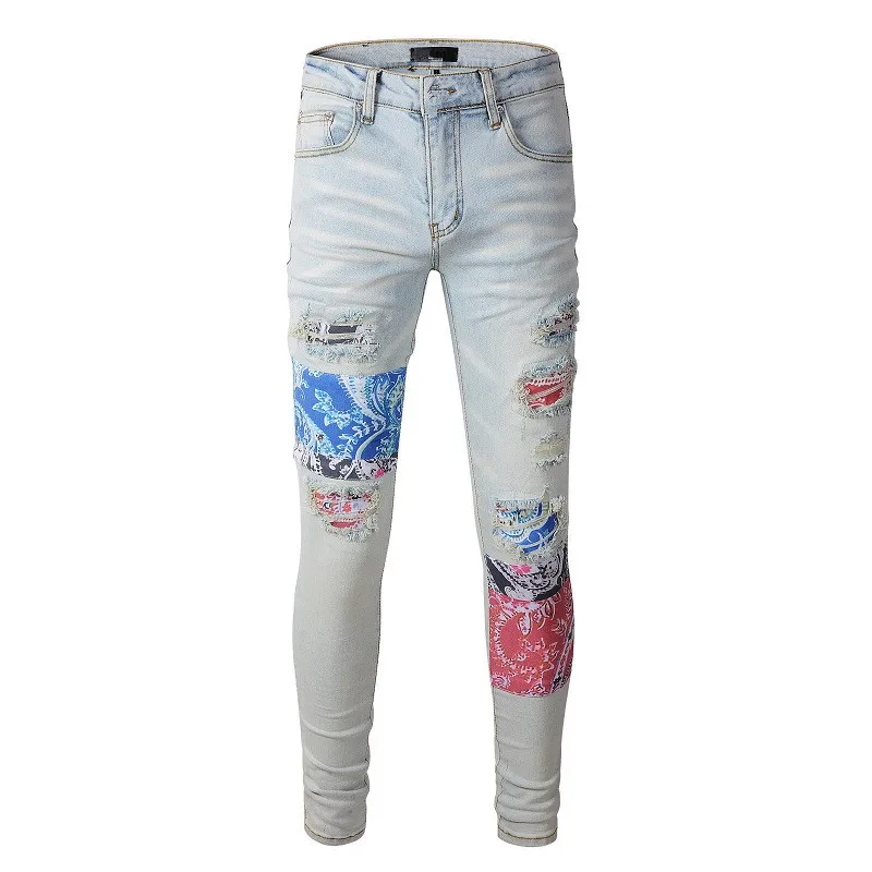 

European Style High Quality Men Casual Cotton Denim Ripped Hole Jean New Fashion Slim-Fit Straight Pencil Pant Spring Streetwear