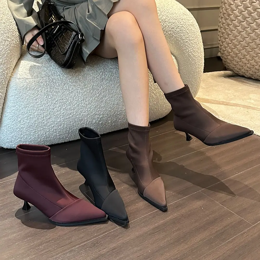 

Шелковые женские ботильоны с острым носком, Стрейчевые ботинки-носки с острым носком, осенне-зимние короткие ботинки для женщин на тонком высоком каблуке, черные, коричневые